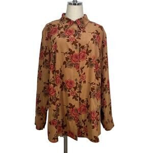 Rose Printed Button Up Shirt Long Sleeves Brown White Stage Top